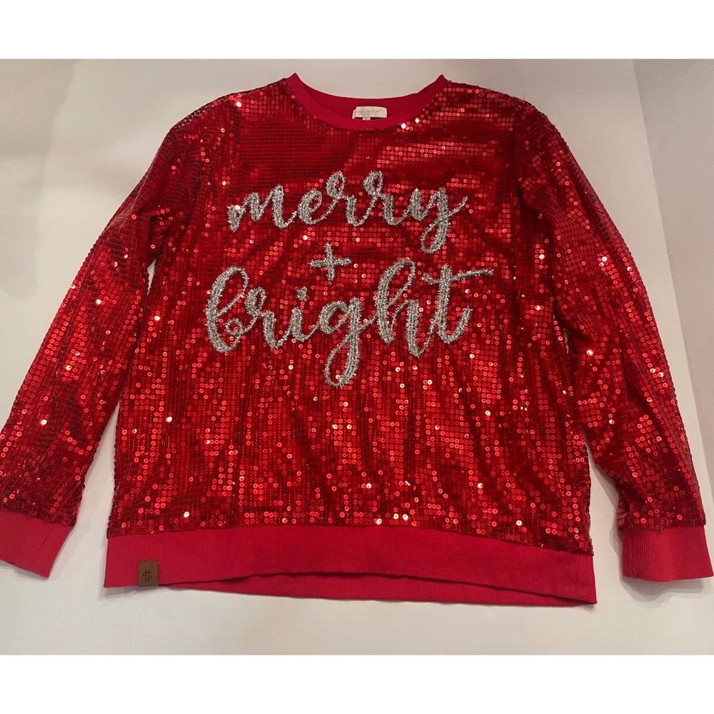 Simply Southern Red Sequin Merry Bright Holiday Sweatshirt Womens Small Festive